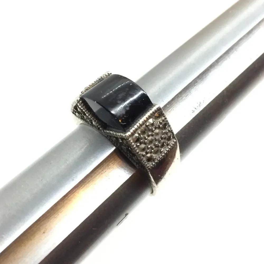 STERLING SILVER RING Black Stone Marcasite Domed Statement Boho Sz 9.25